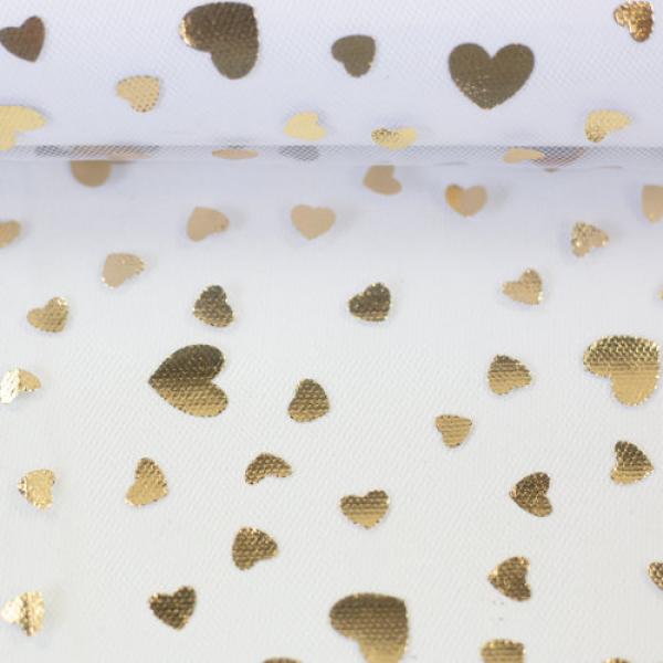 Softtüll Twinkle goldene Glitzerherzen auf weißem Tüll